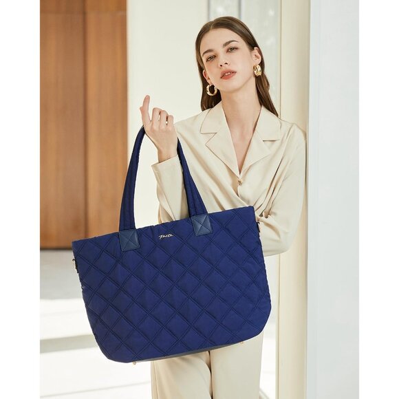 Prite Women Blue Polyester Compartment Quilted Puffer Shoulder Tote Work Bag - Picture 2 of 7
